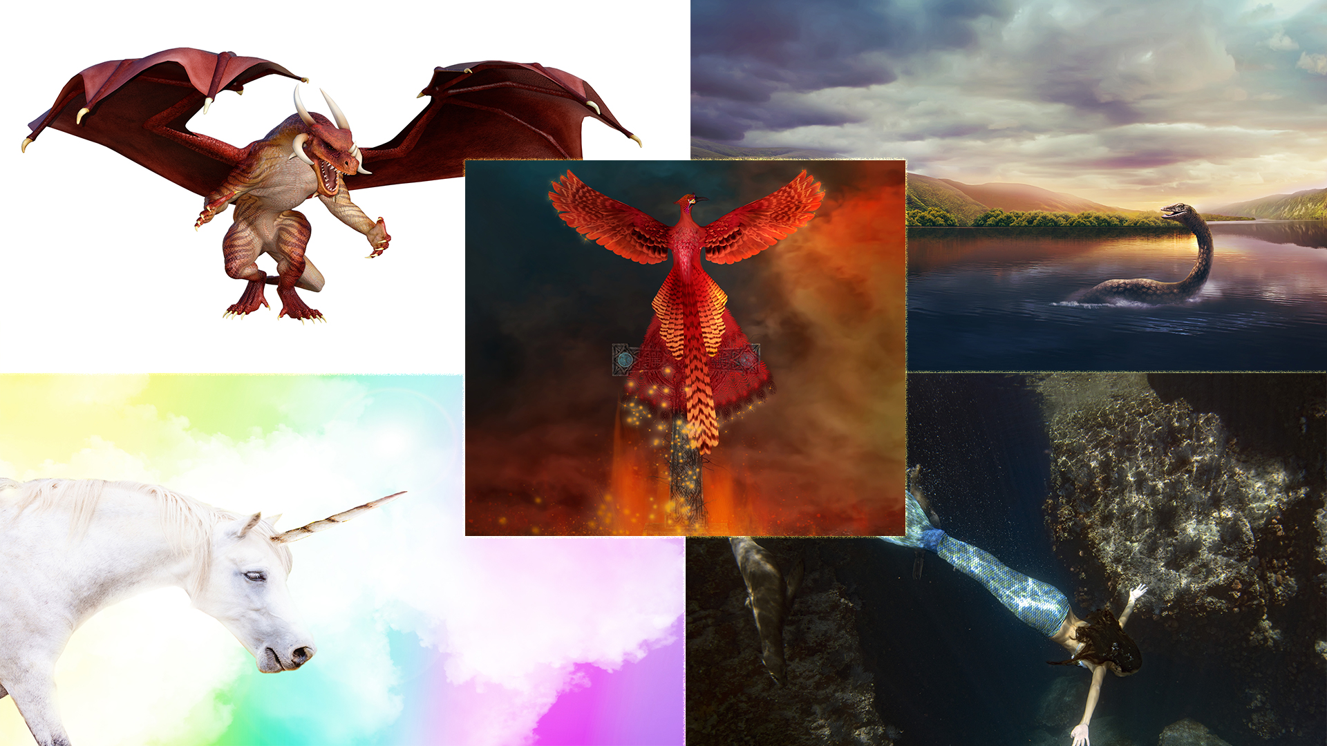 A Dragon, Loch Ness Monster, Unicorn, Mermaid, Phoenix