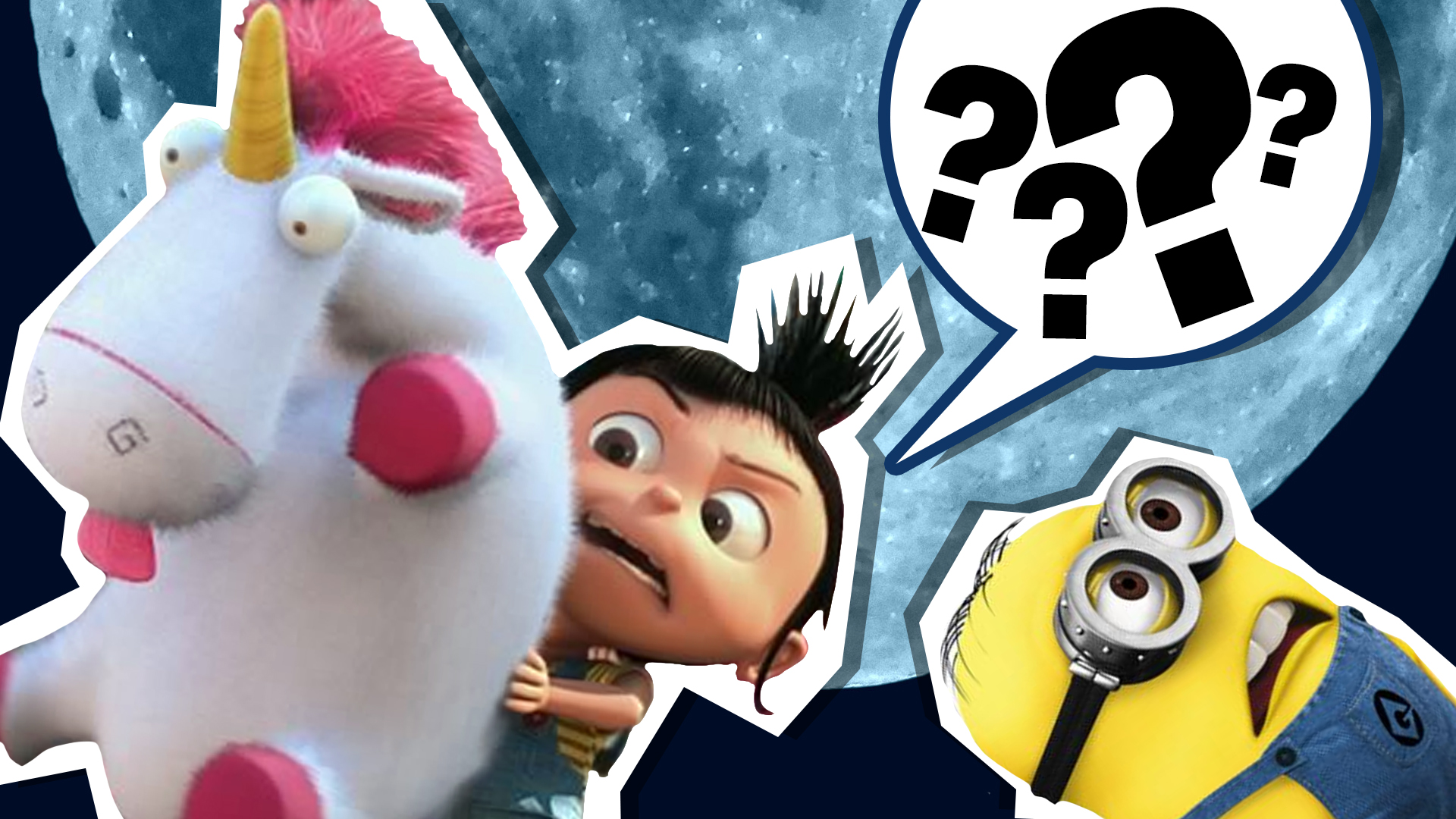 Despicable me with question marks in a speech bubble
