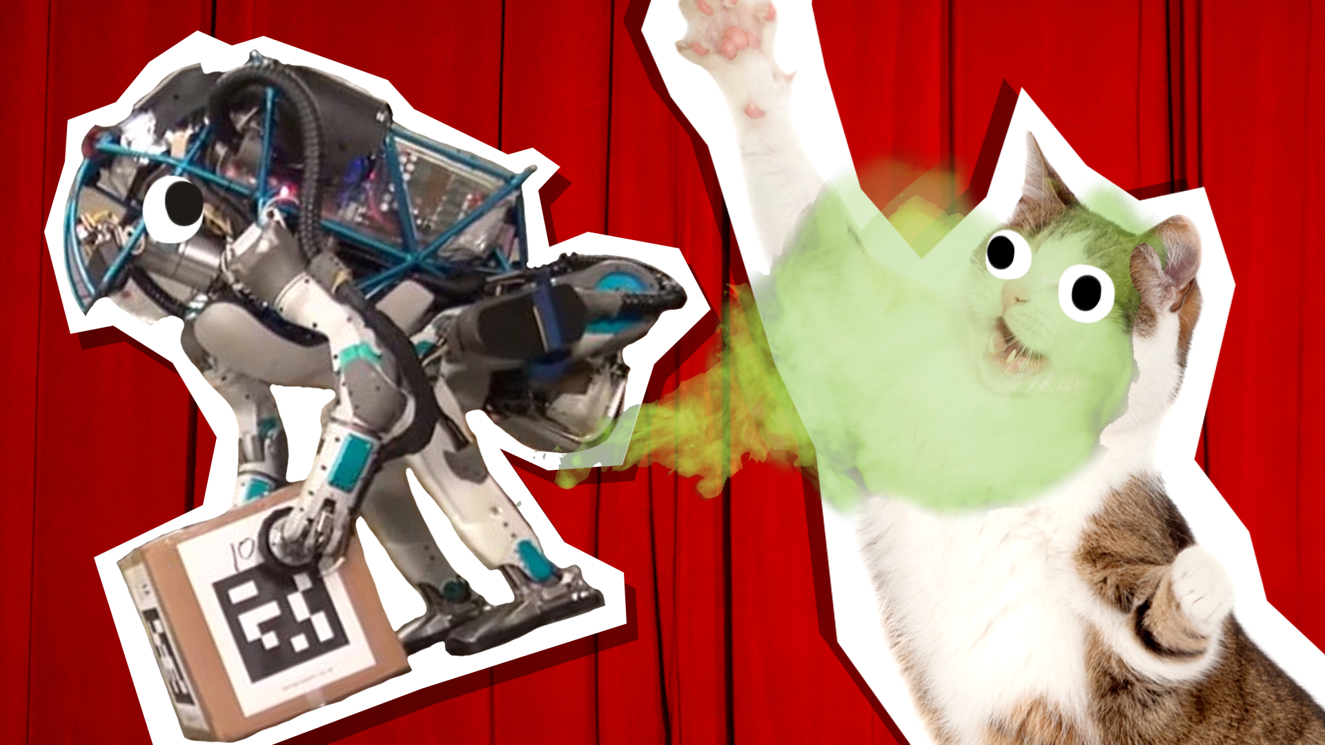 a robot farting on a cat