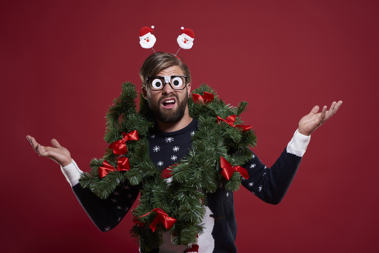 Man in embarrassing Christmas outfit