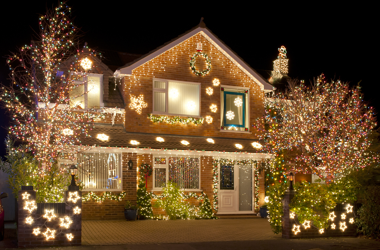 A house covered in Christmas lights