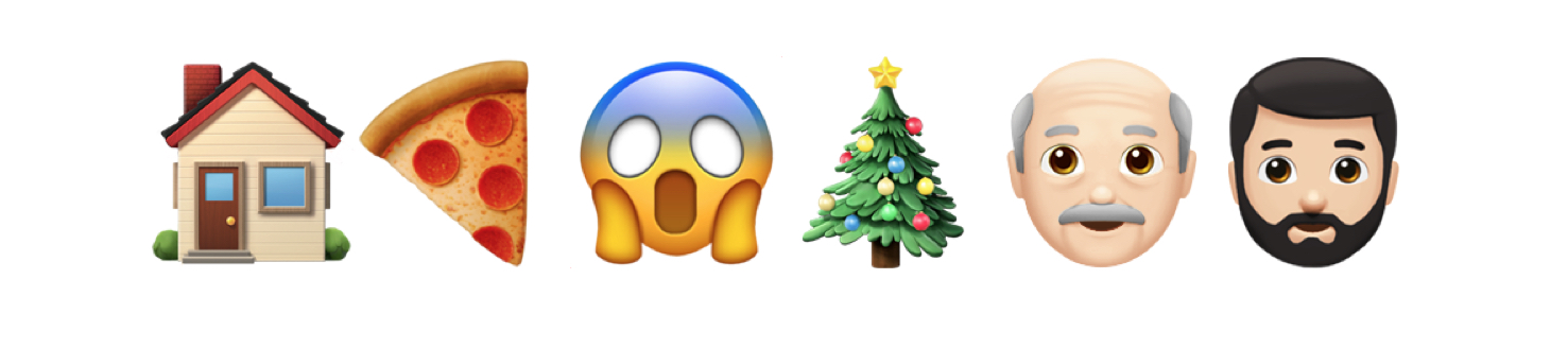 A house, pizza, shocked emoji, a tree, an old man and a man with a beard