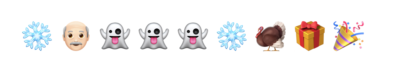 An old man, ghosts, turkey, gift and a party emoji