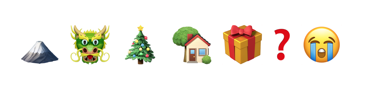 A mountain, a green dragon, a tree, a house, a gift and a crying emoji