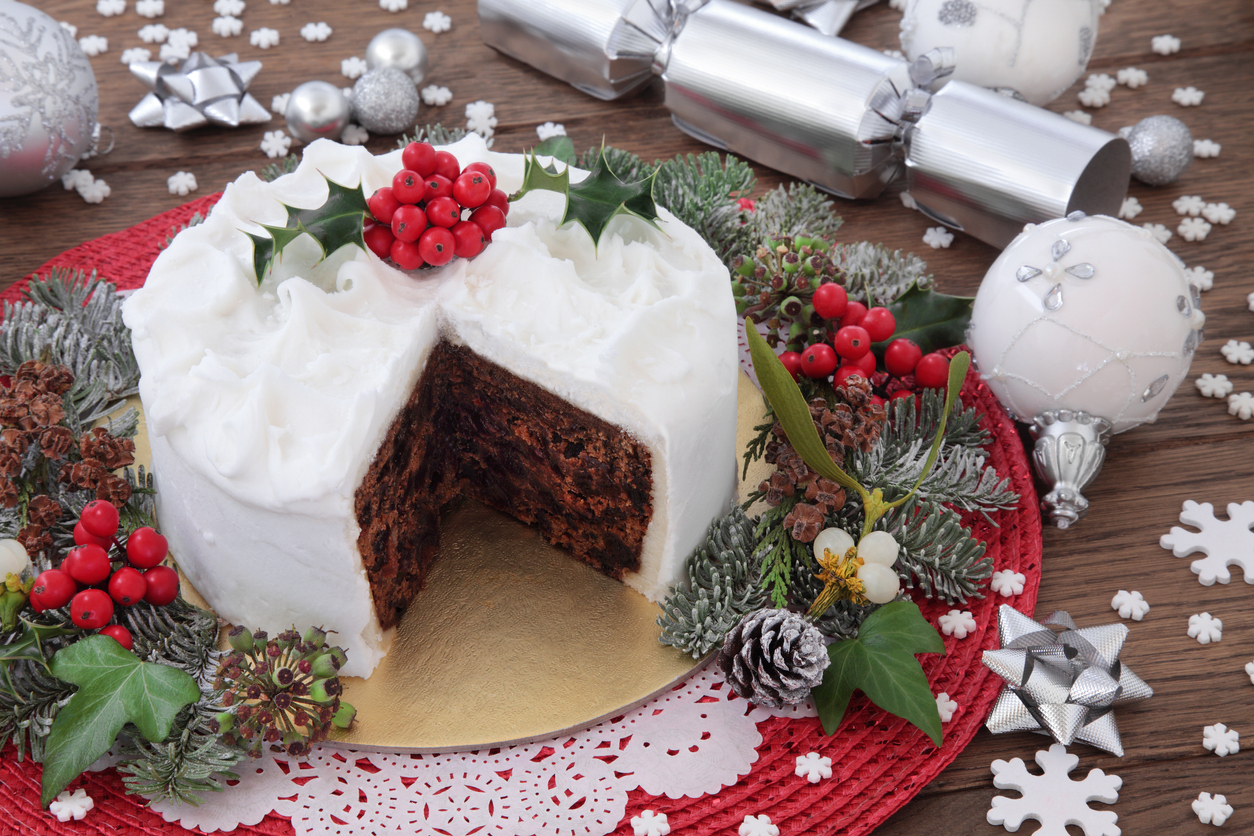 A big Christmas cake covered in marzipan and icing