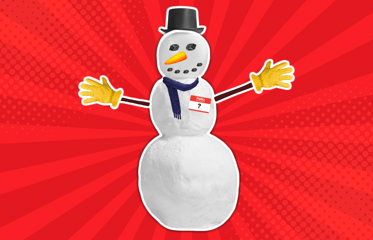 A snowman wearing a name badge