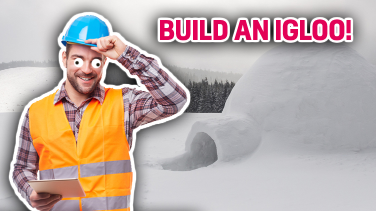 A construction worker looks pleased with his igloo