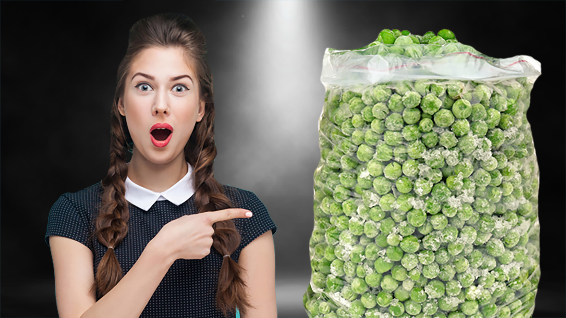 A woman points to a bag of frozen peas 