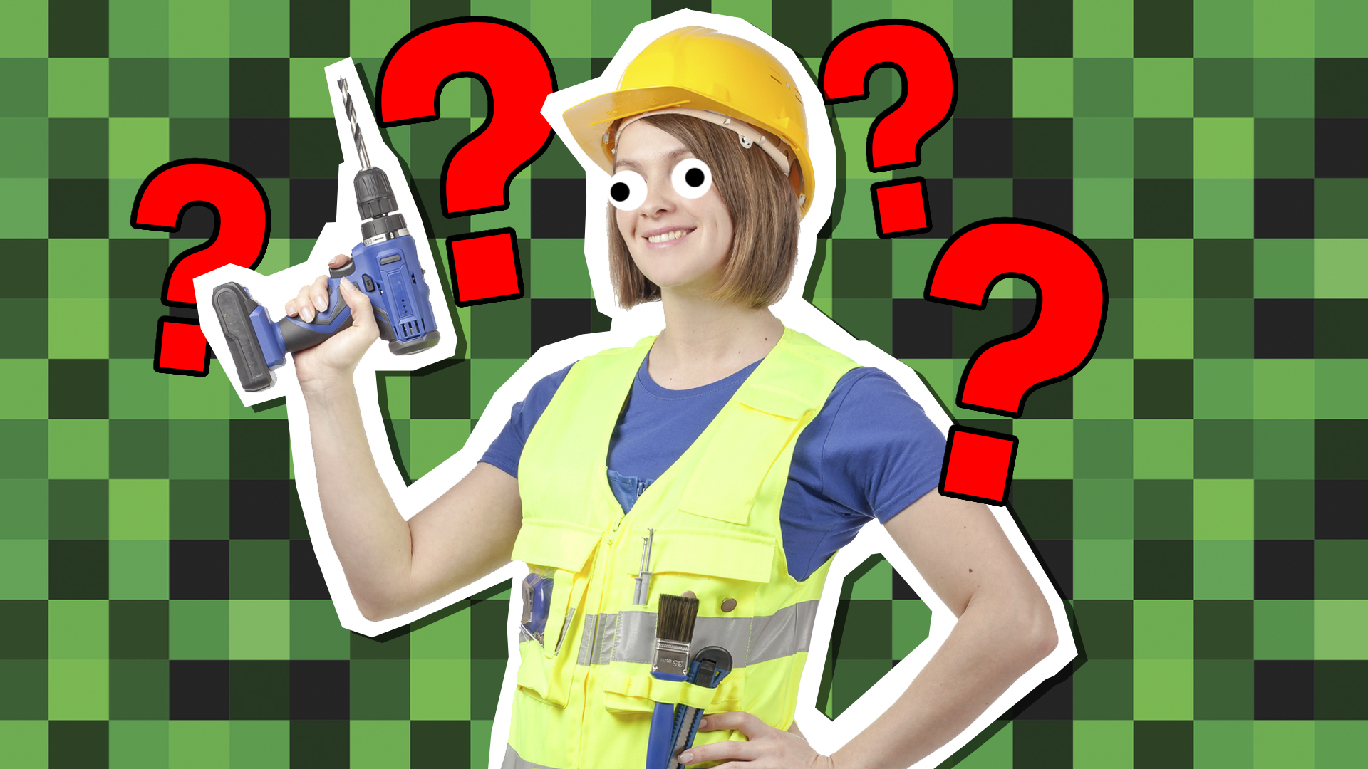 A builder against a Minecraft-style background