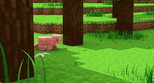 A pig running through a field in Minecraft