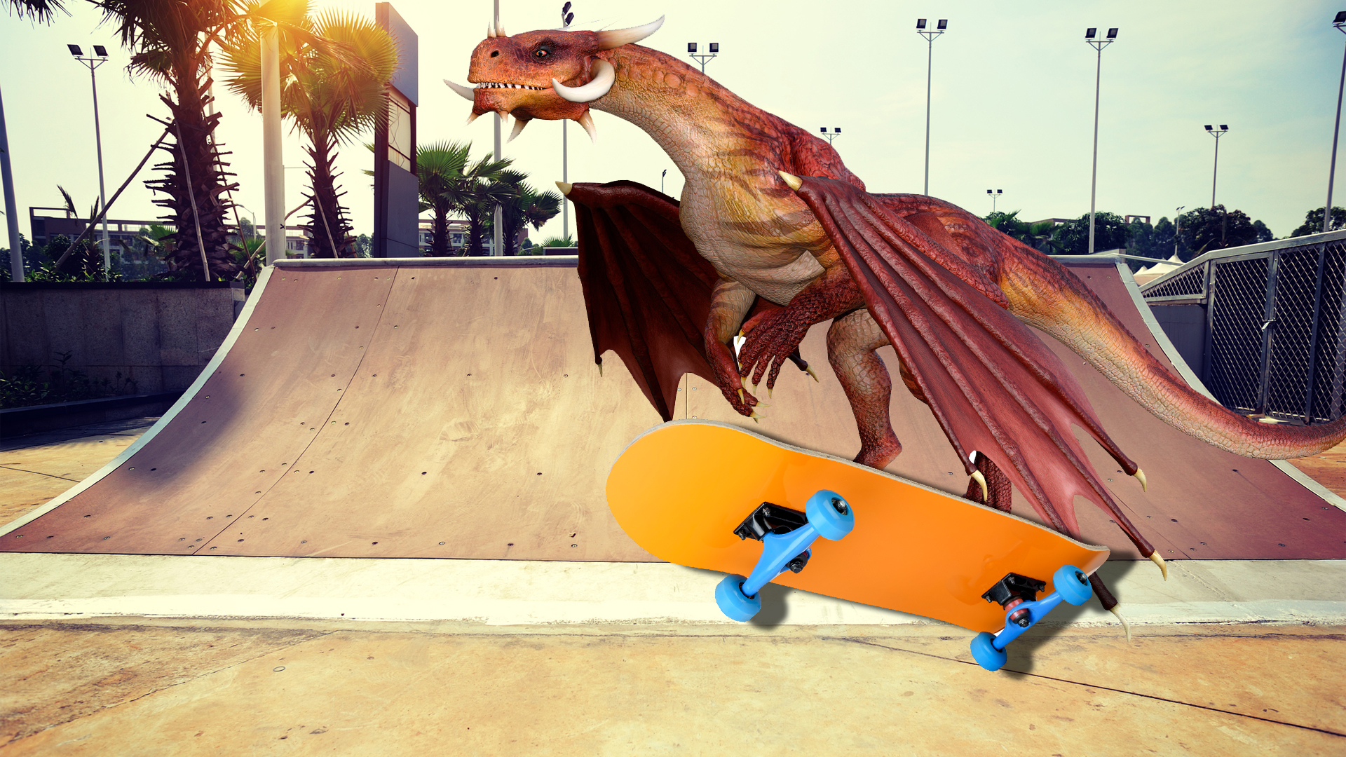 A dragon pulling off a trick on a skateboard ramp