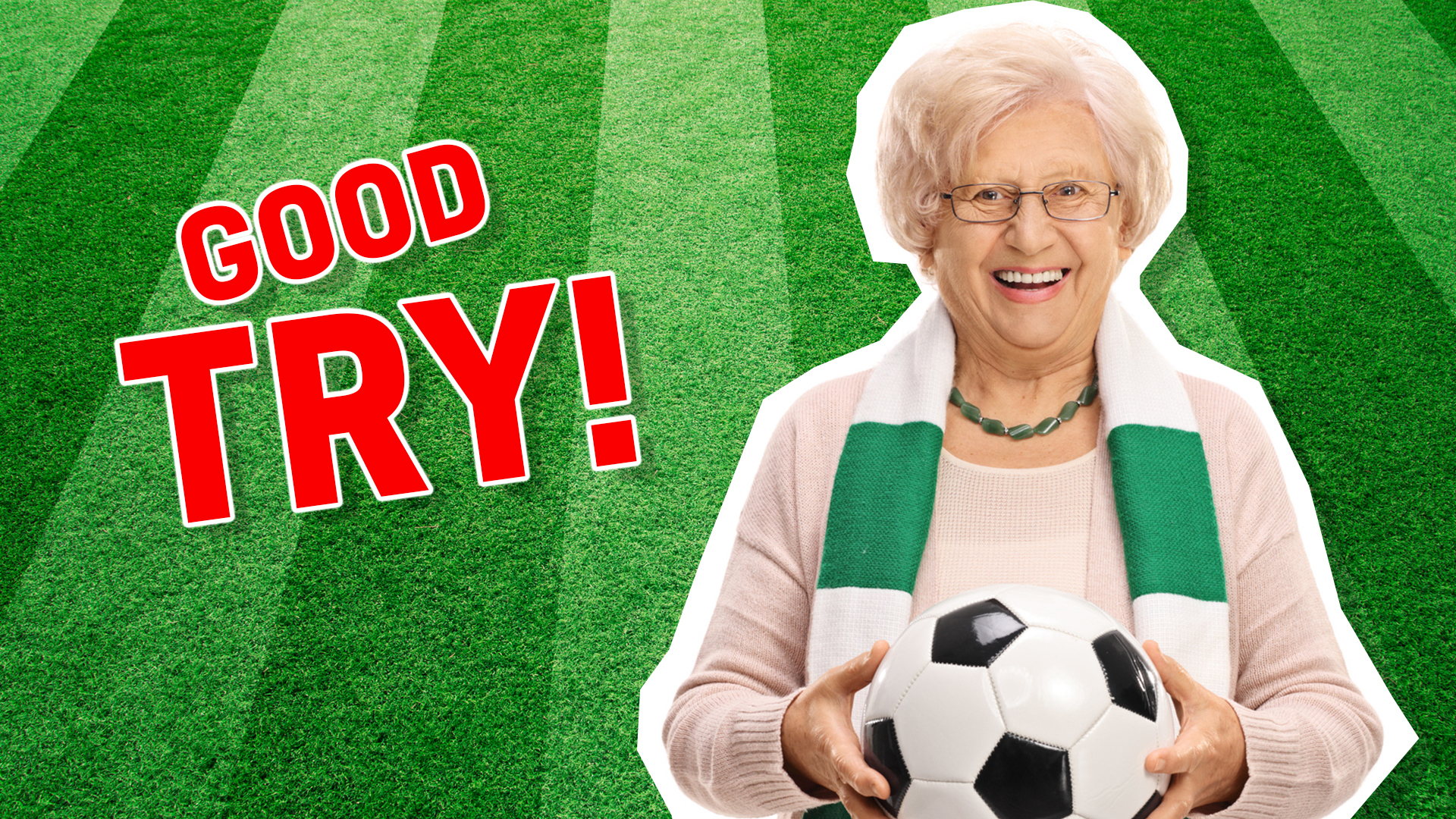 An elderly lady holding a football and smiling