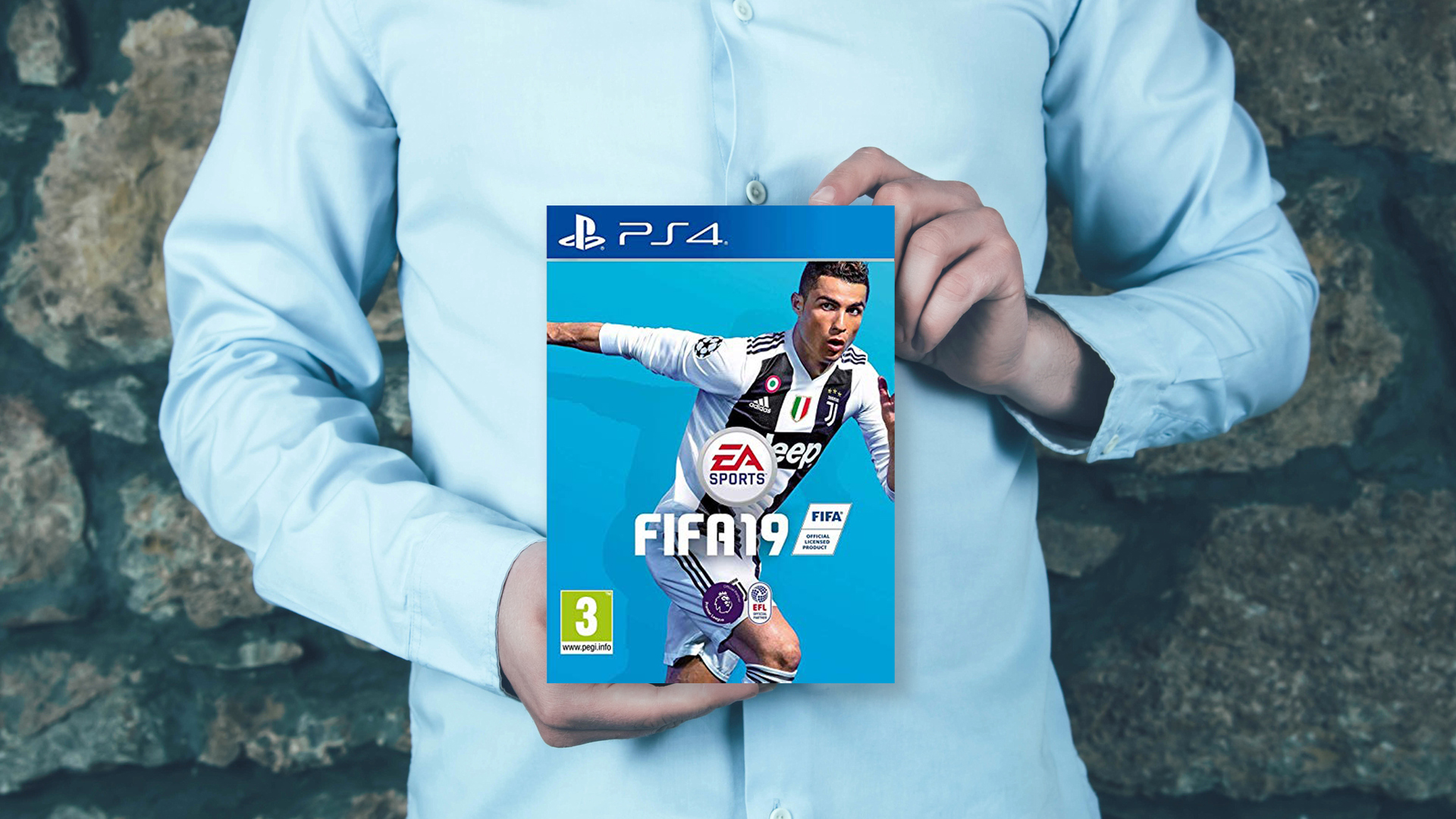 A person holding FIFA 19