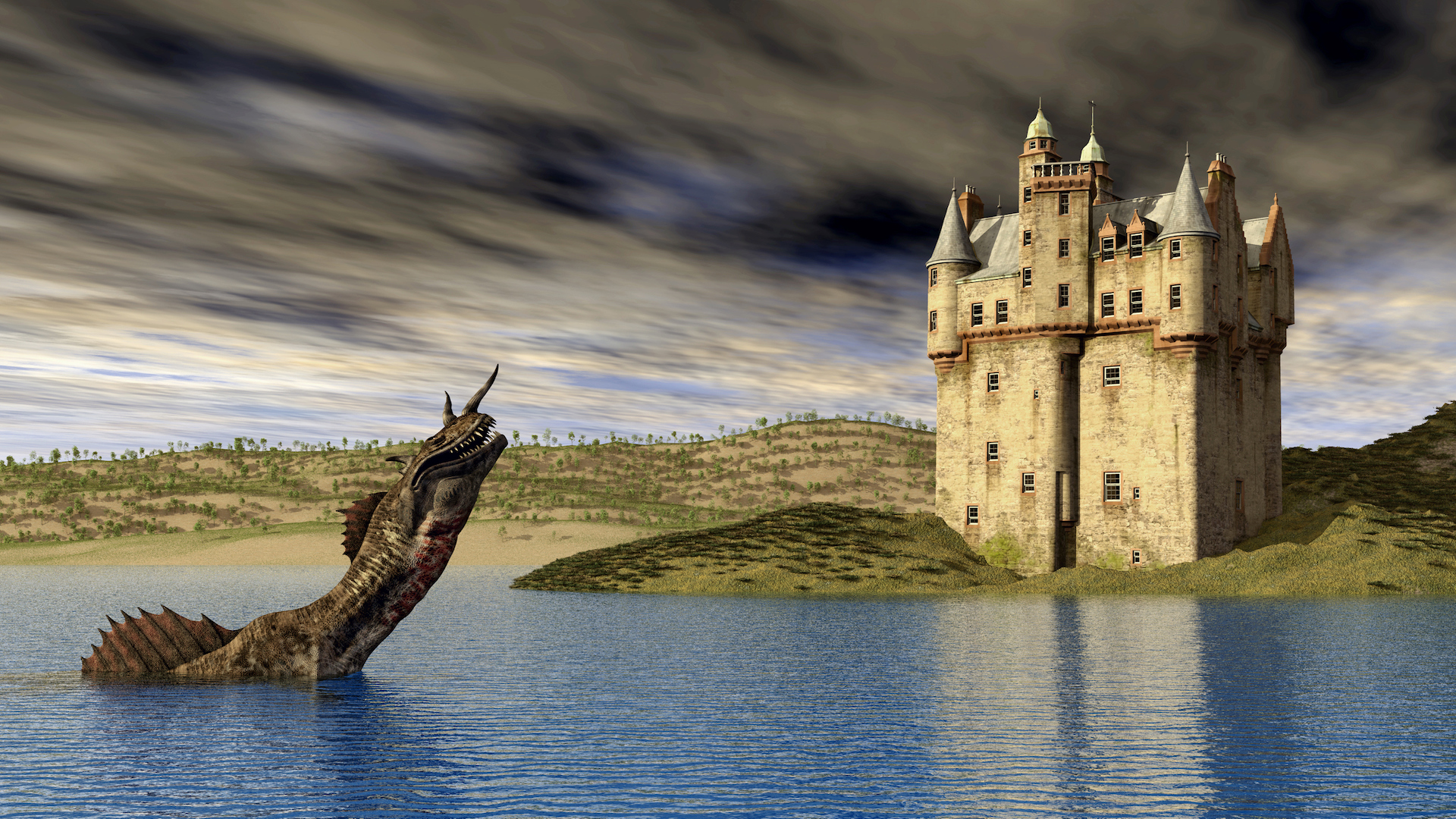The Loch Ness Monster and a Scottish castle