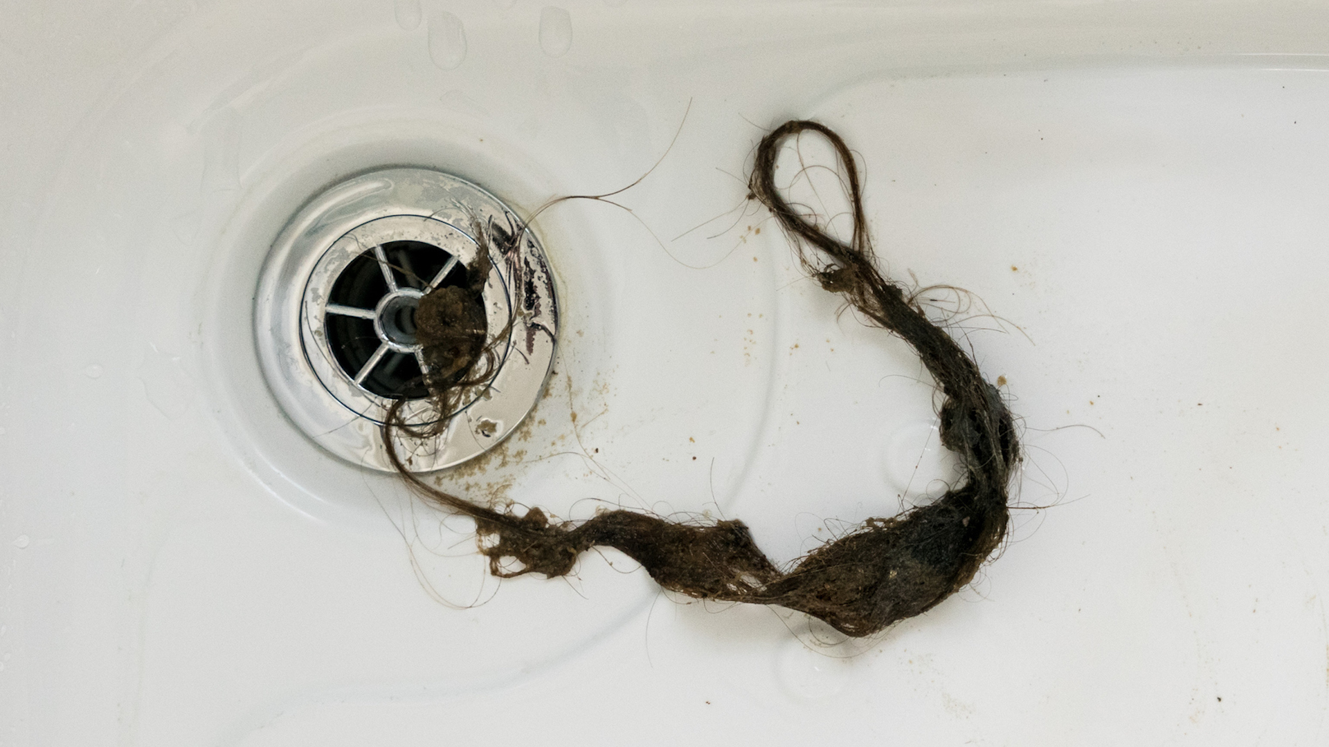 A plughole blocked with long hair