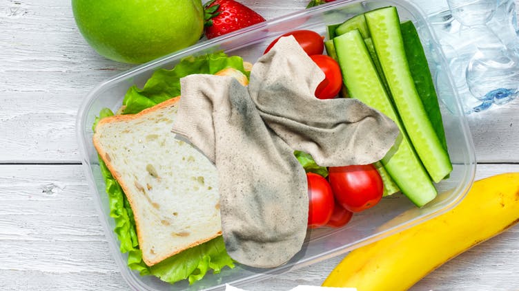 A pair of smelly socks in healthy packed lunch