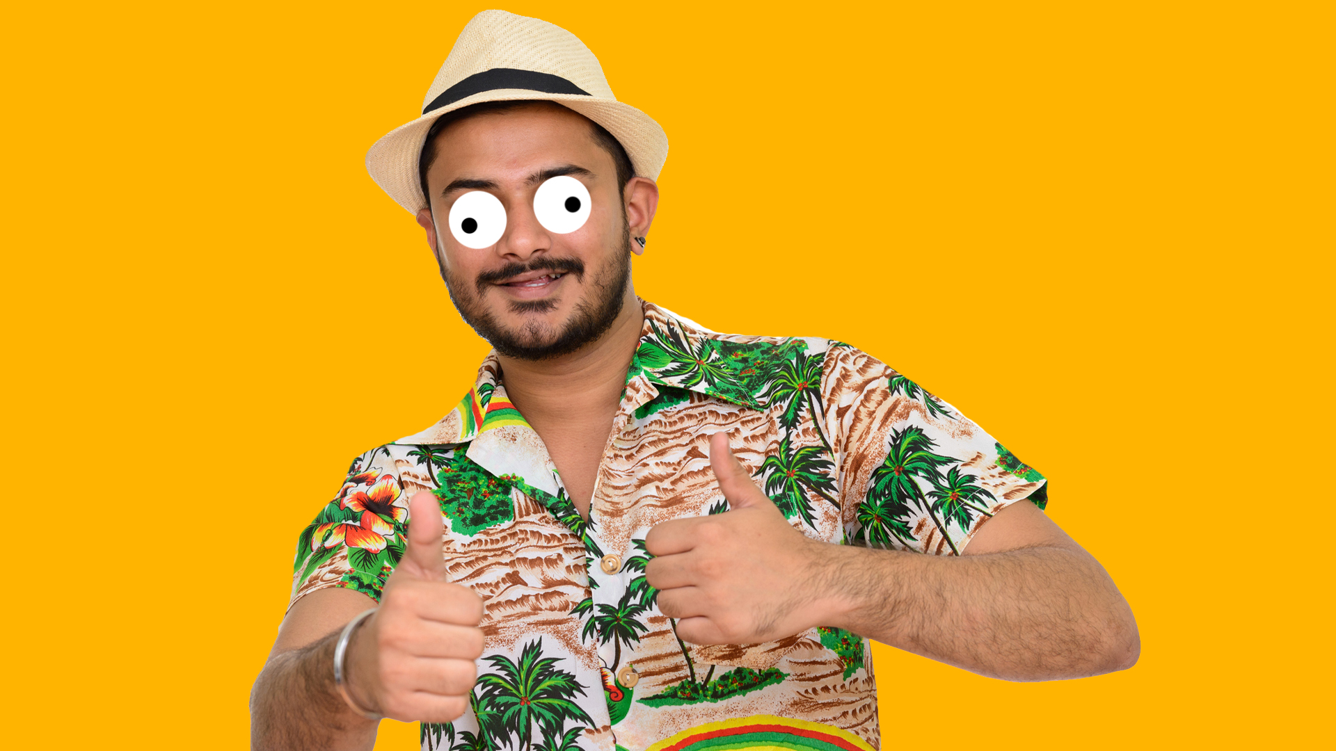 A man wearing a Hawaiian shirt and hat