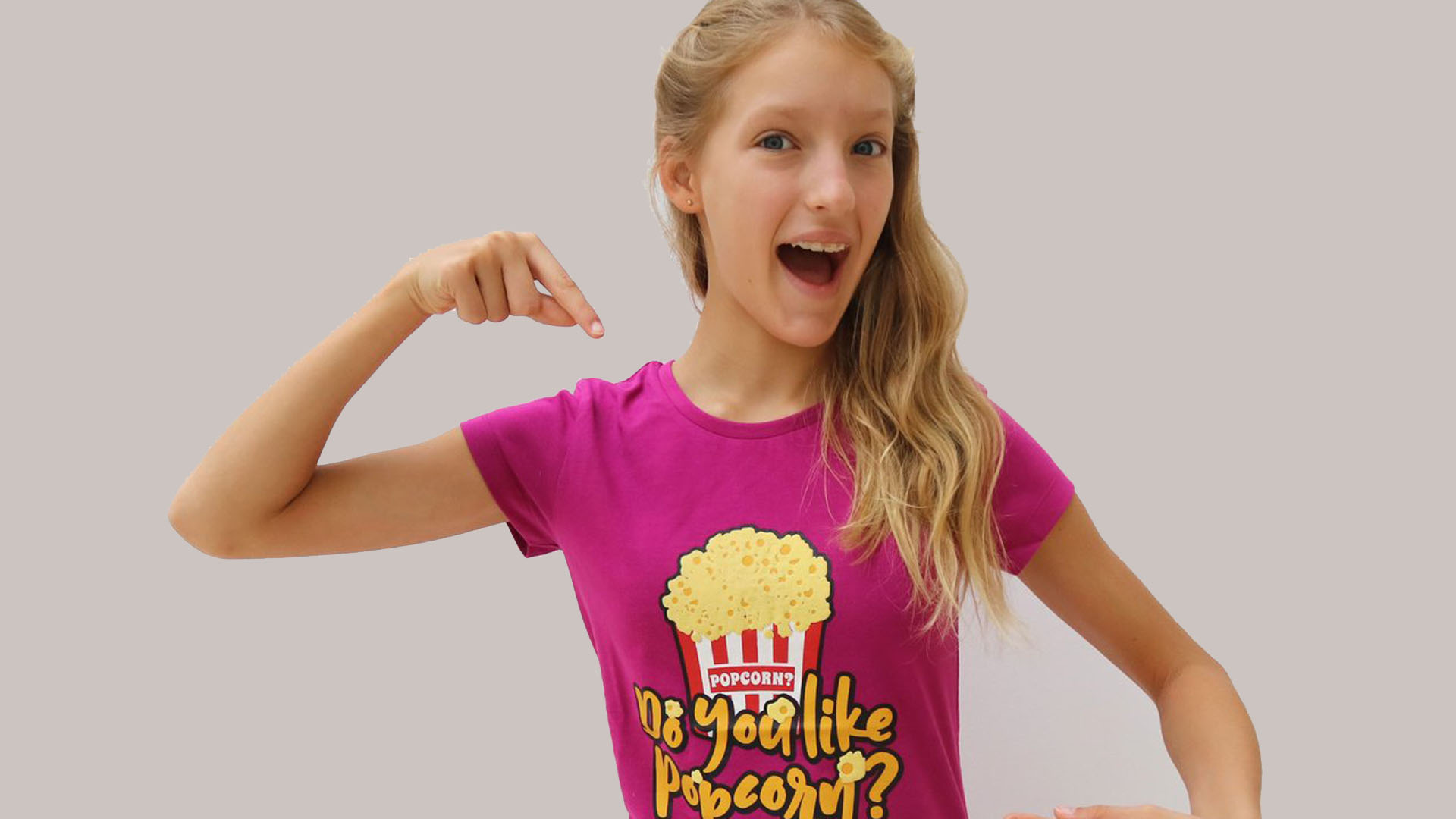 Karina in her popcorn t-shirt