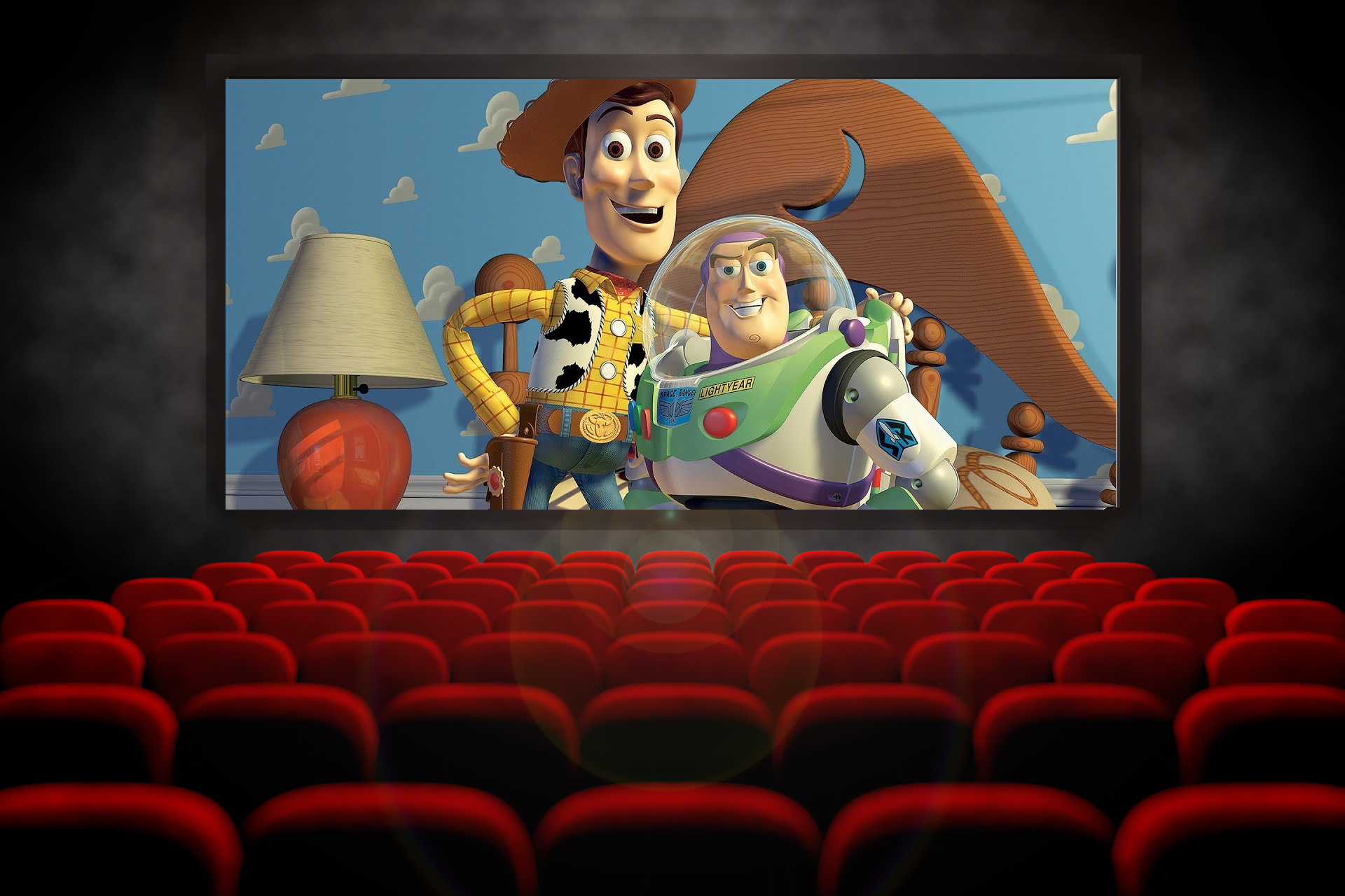 A cinema with Toy Story on the screen