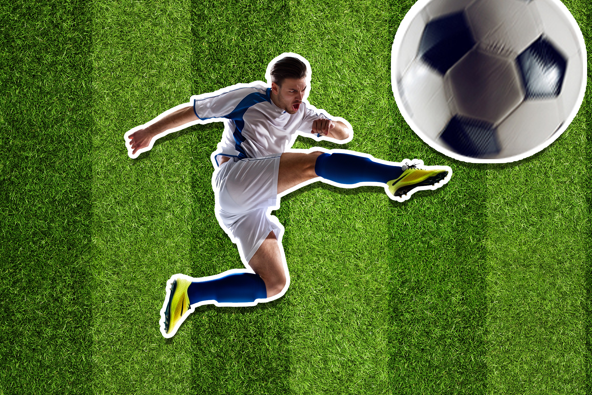 A footballer kicking a massive ball