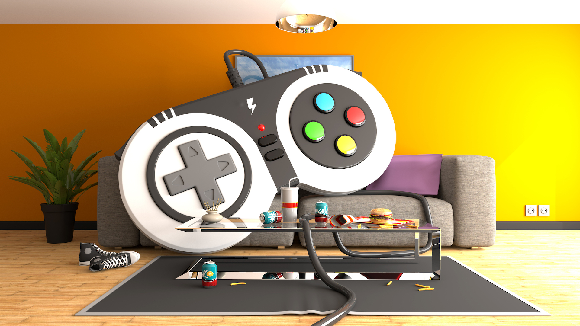 A massive game controller takes over a living room
