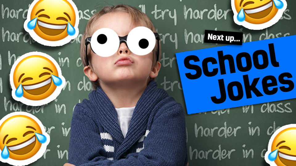 A boy in front of a blackboard with laughing face emojies and the words funny school jokes - link from teacher jokes.