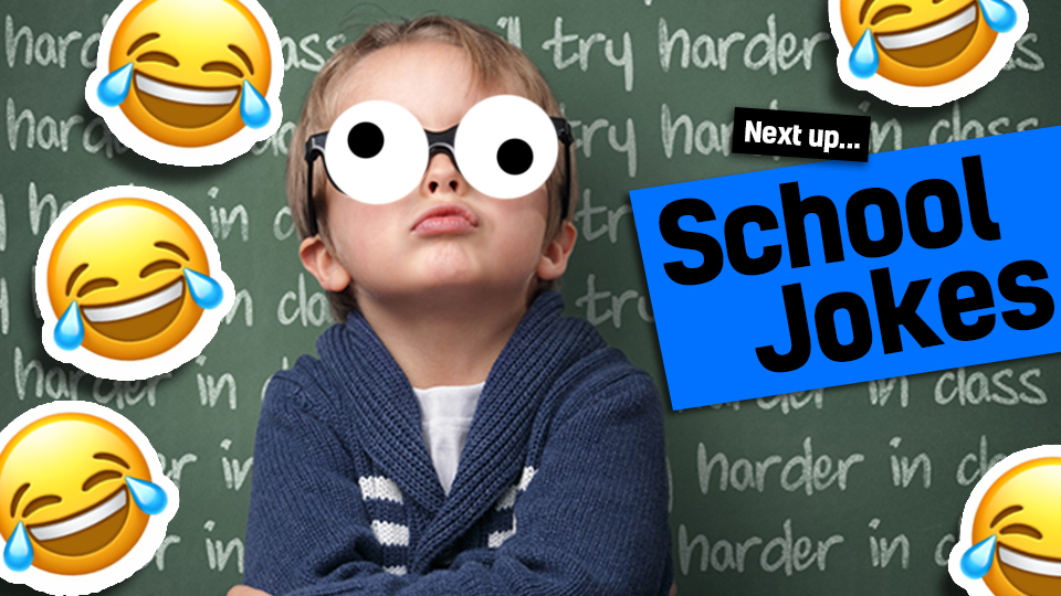 A boy in front of a blackboard with laughing face emojies and the words funny school jokes - link from maths jokes