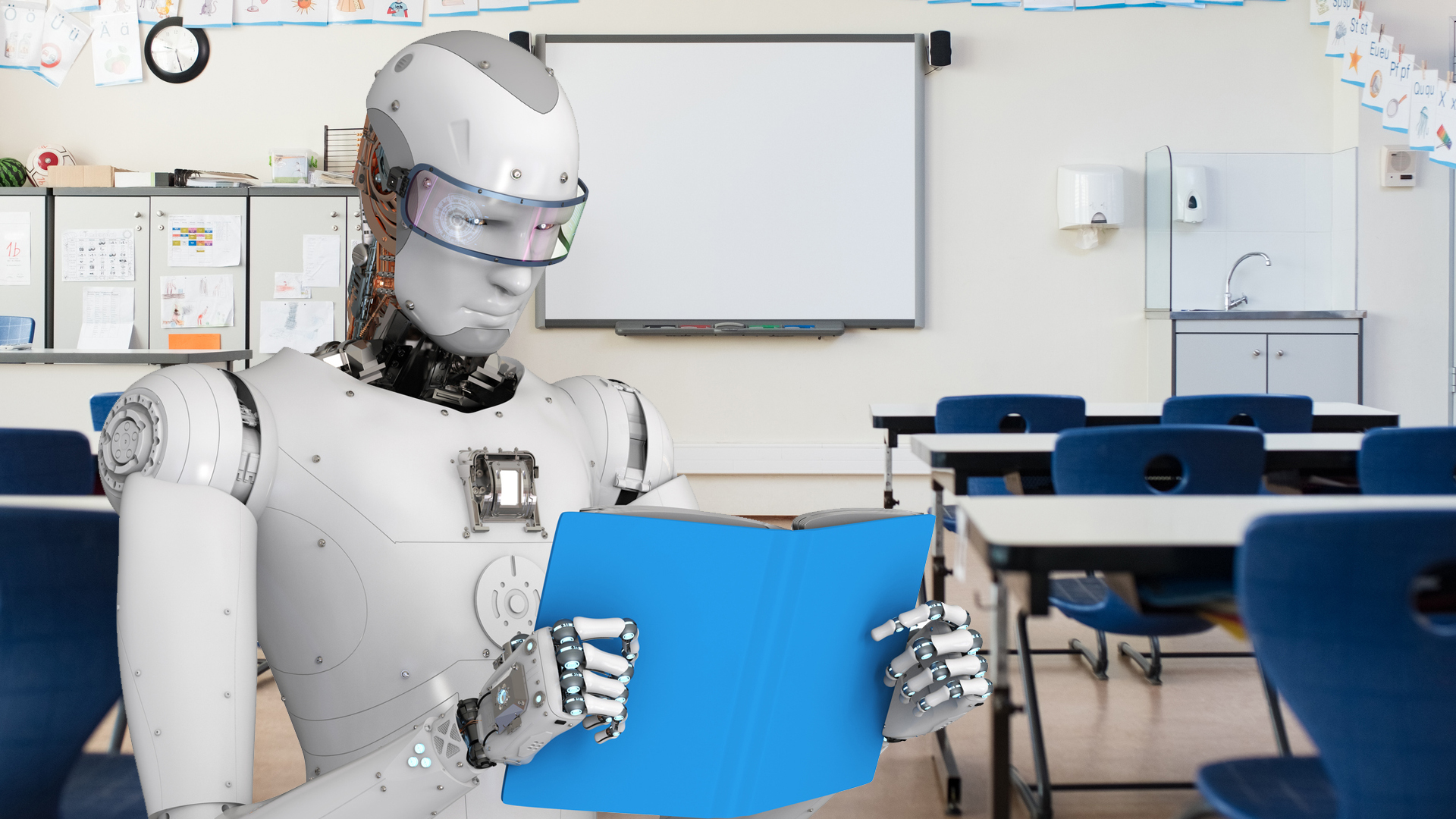 A robot reading in a classroom 