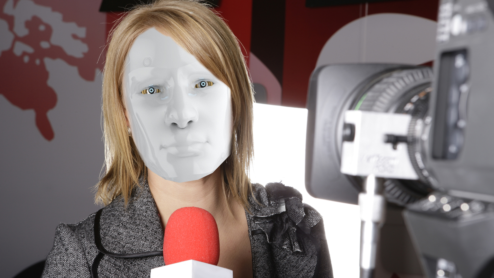 A poorly disguised robot TV reporter