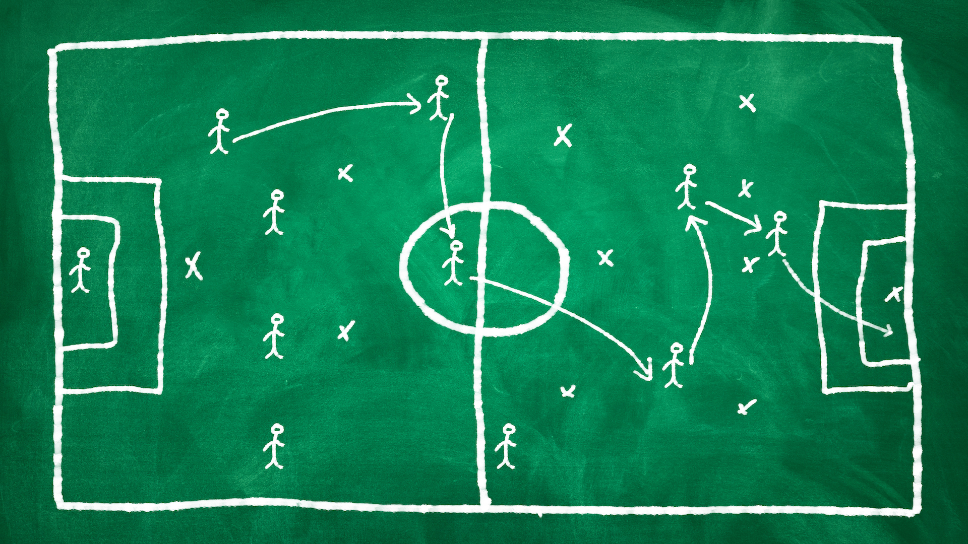 Football tactics on a green chalkboard 