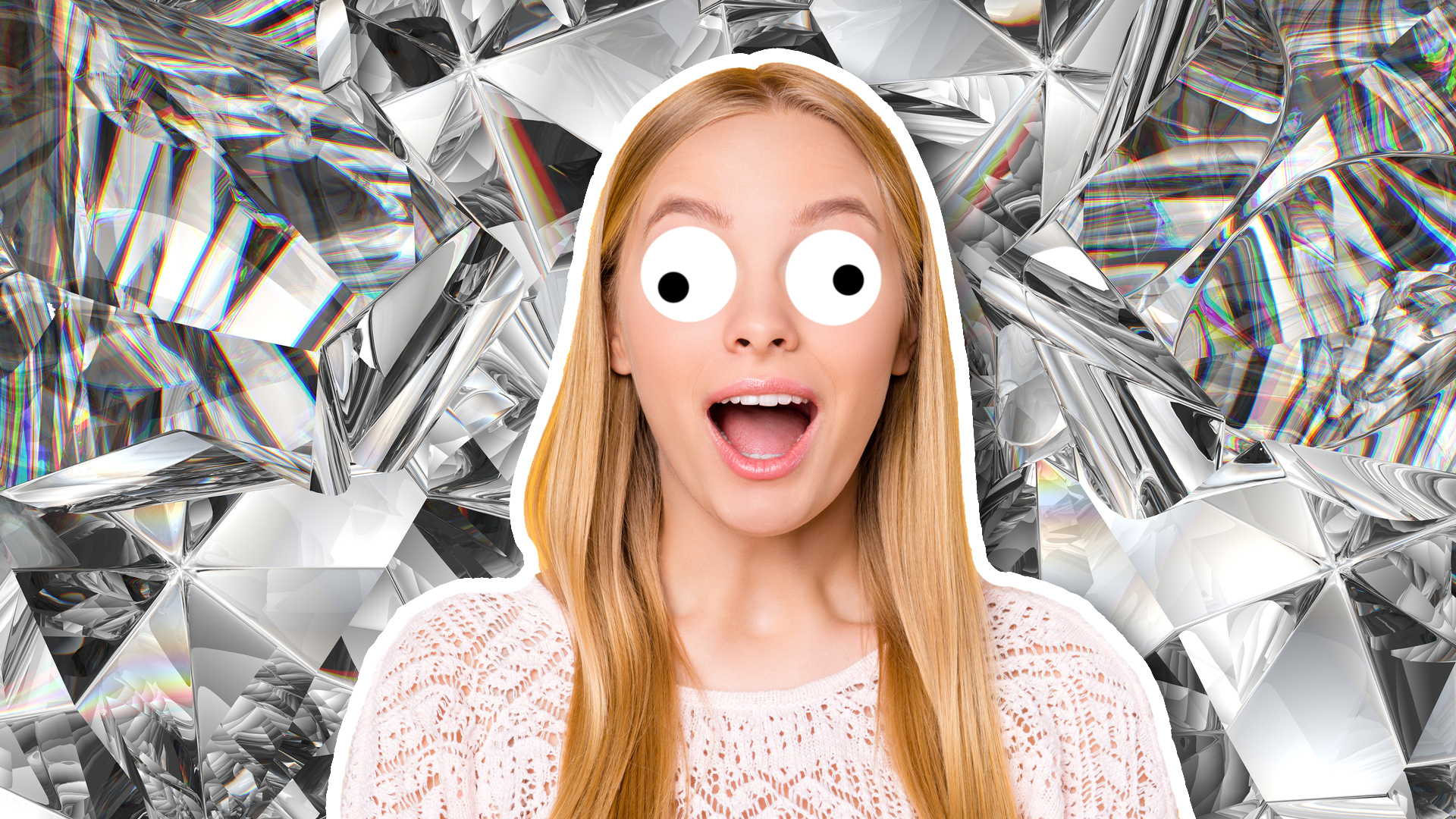 A woman looking shocked, with a background of a huge diamond
