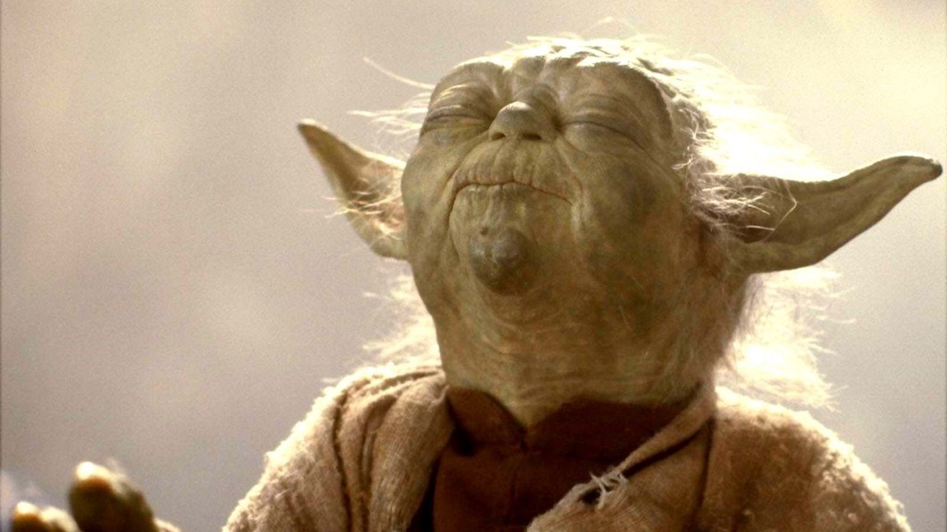 Yoda smelling something delicious, like a space biscuit