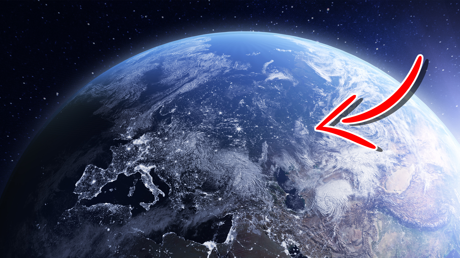 An arrow pointing to Earth