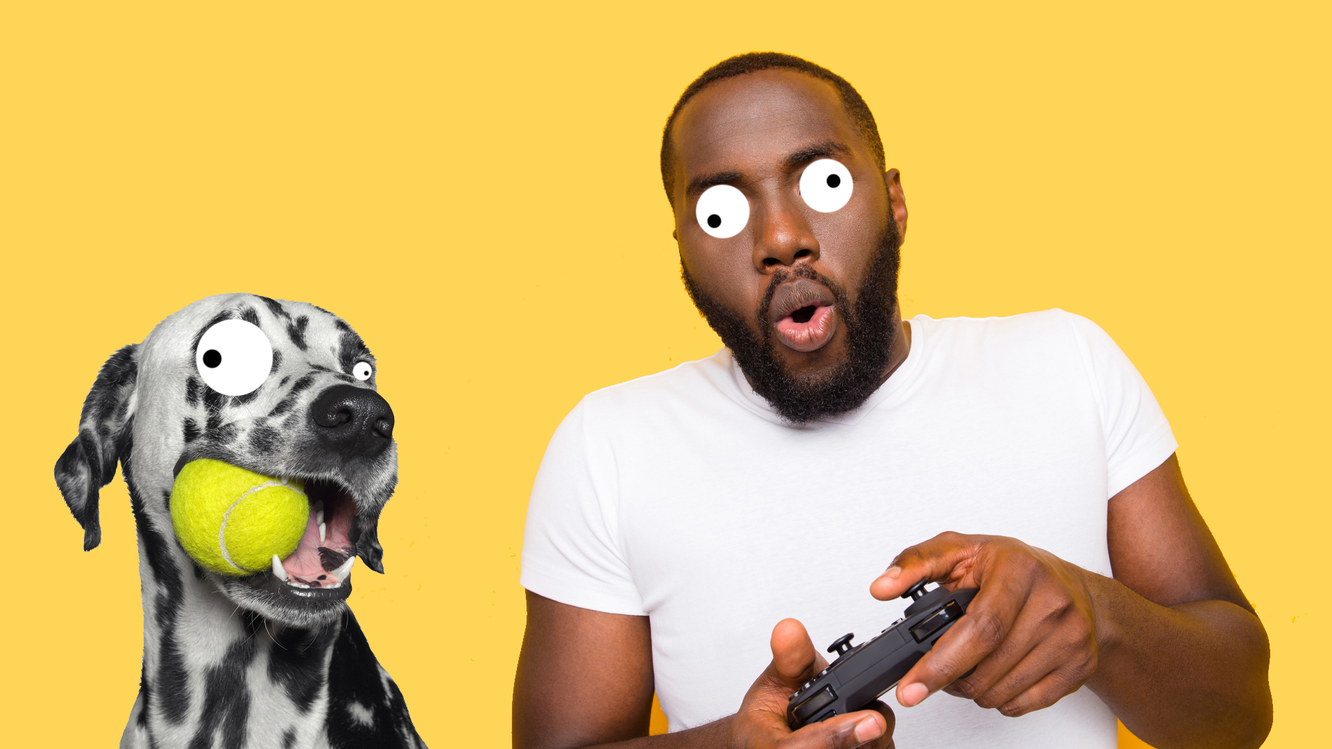 A man and dog enjoy a video game
