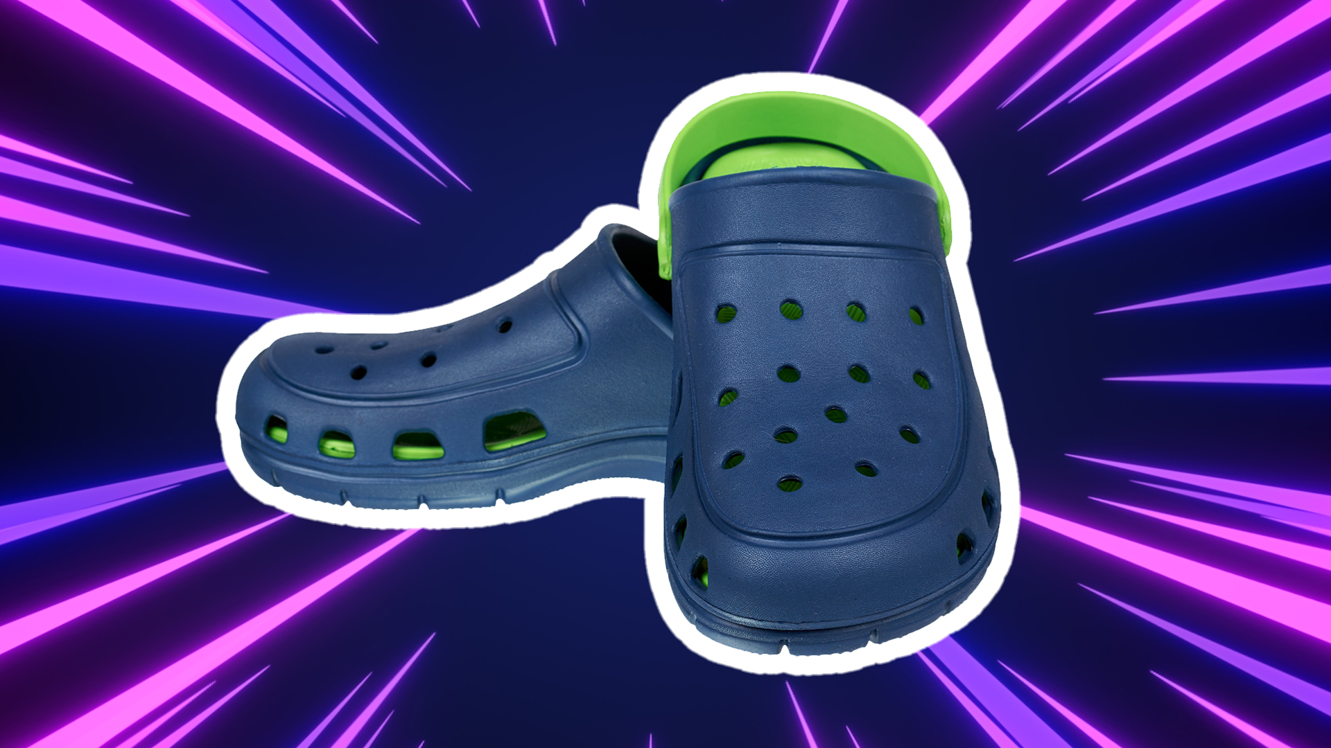 A pair of dark blue and green Crocs