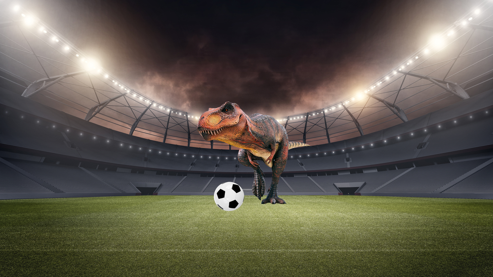 A dinosaur playing football