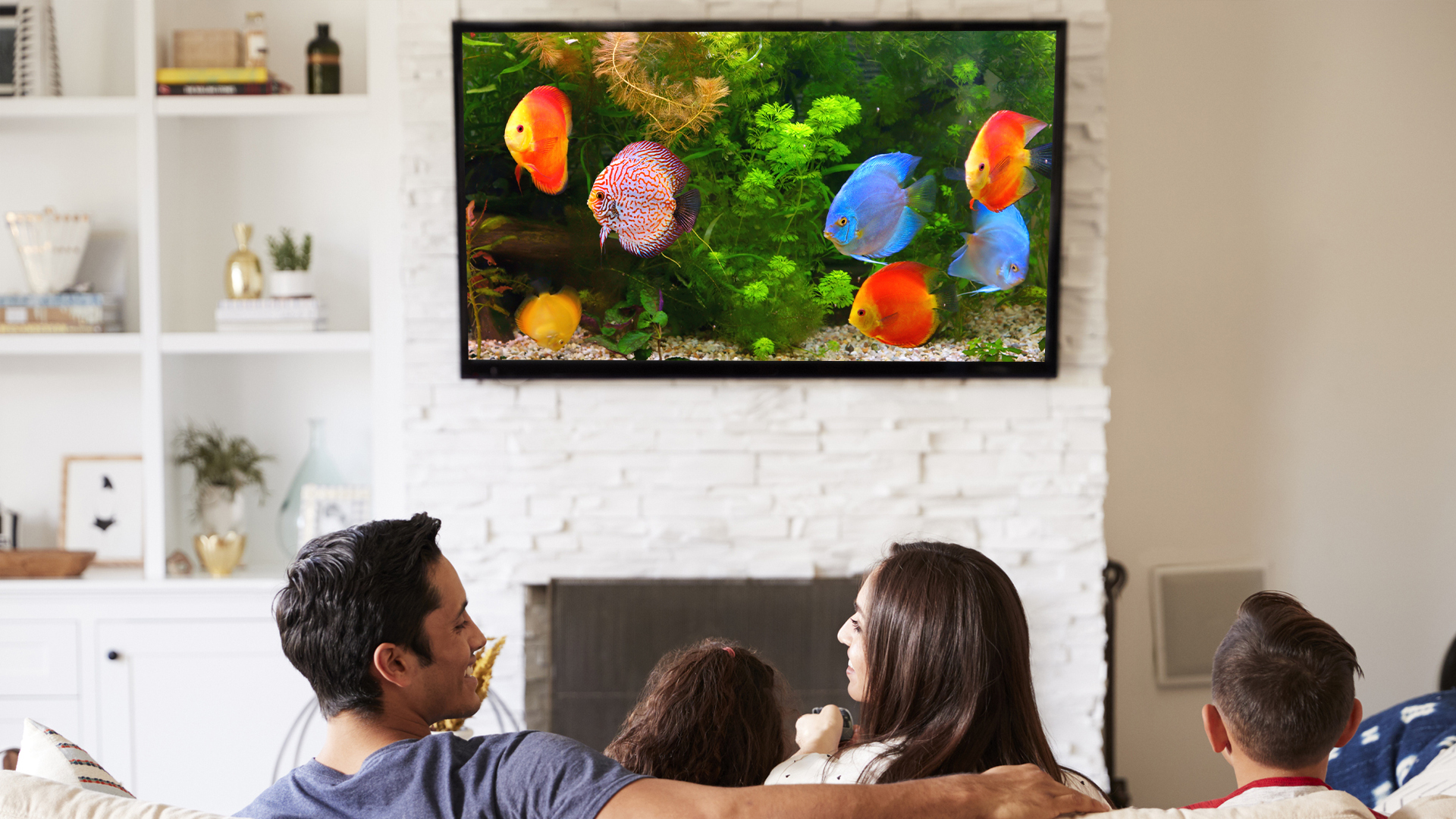 A family watching a TV show about fish