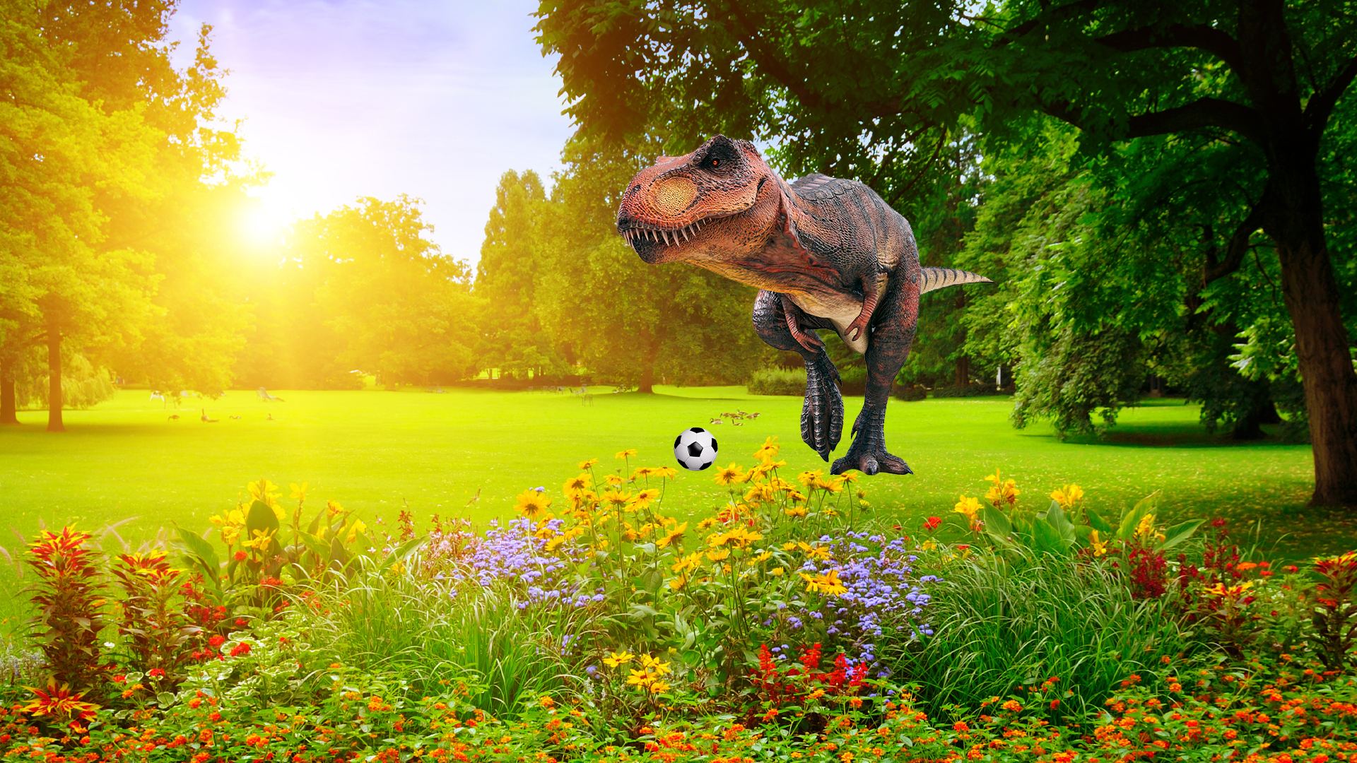 A dinosaur playing football at the park