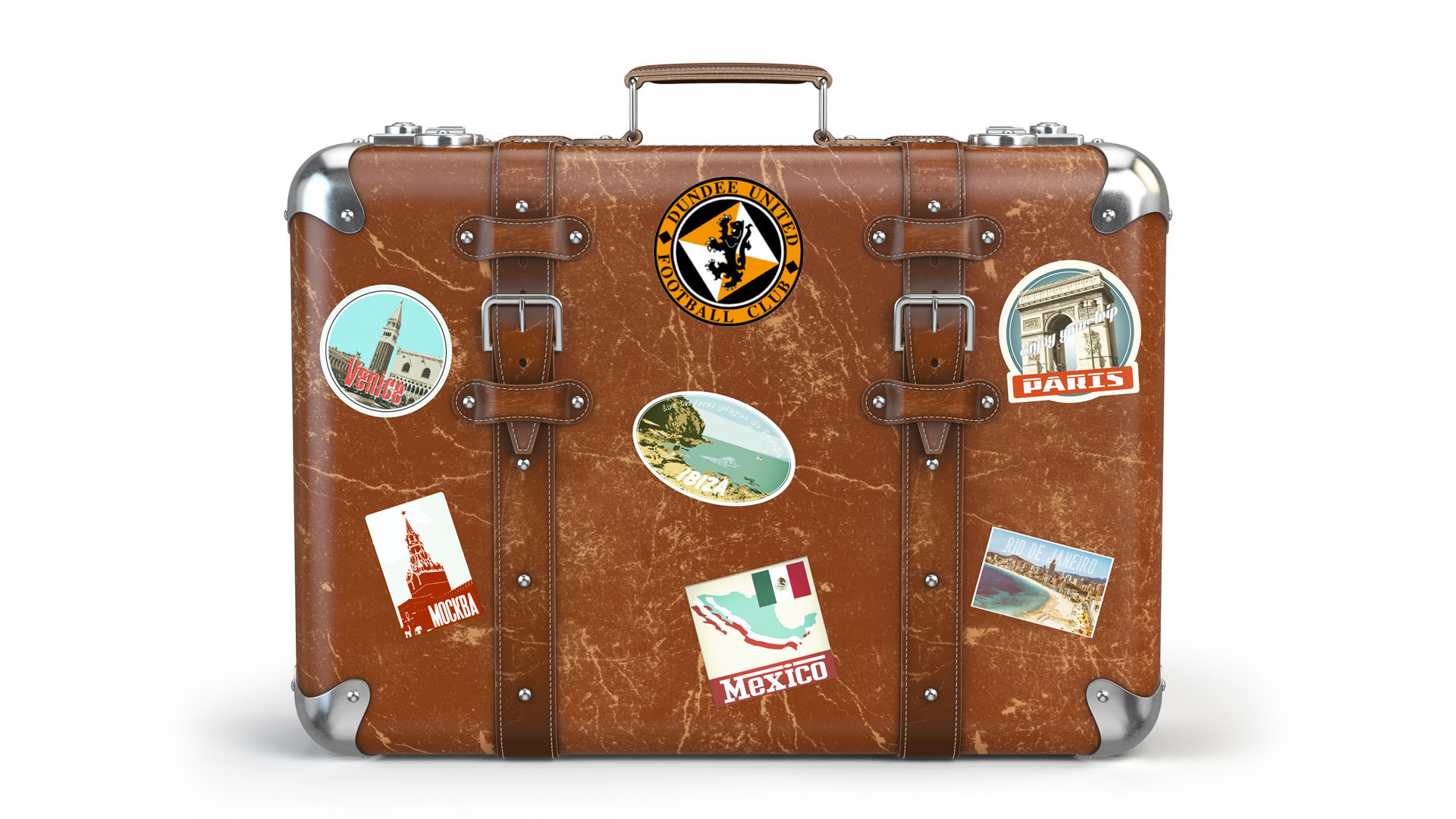 A suitcase covered in stickers from around the world