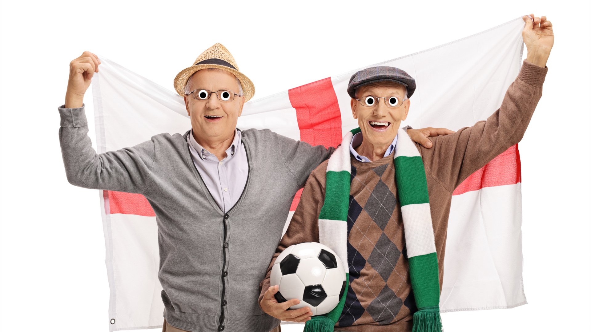 Two elderly football fans celebrating a goal