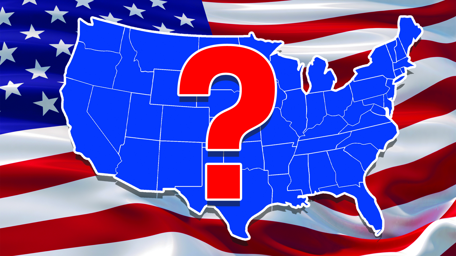 Map of United States with big red question mark
