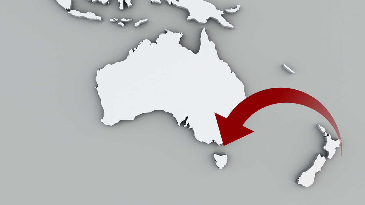 An arrow pointing to an island off the coast of Australia