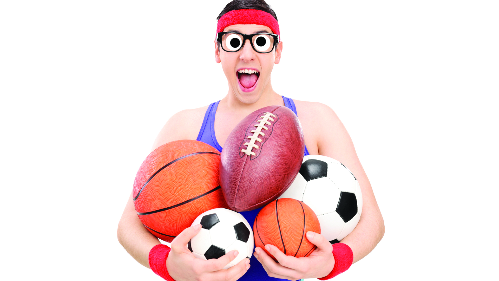 Person with all types of sports ball in their arms