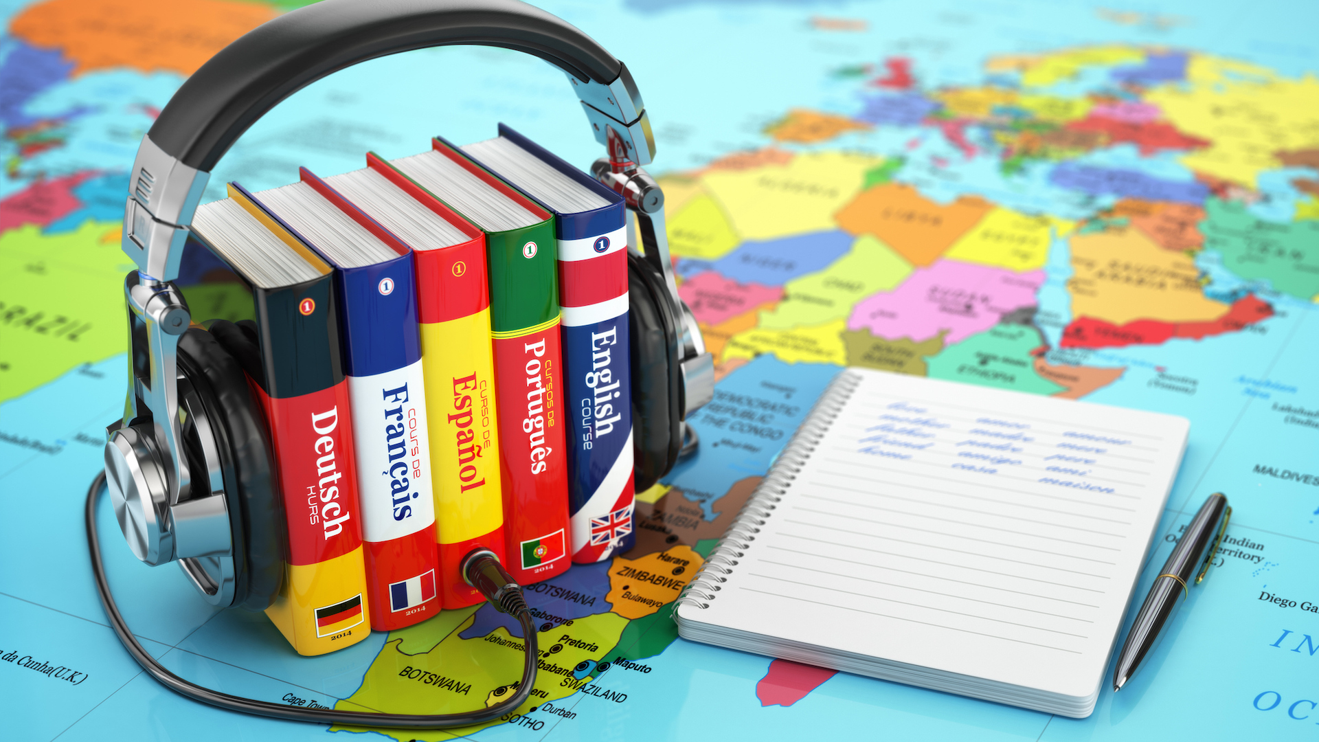 A set of language dictionaries and pair of headphones
