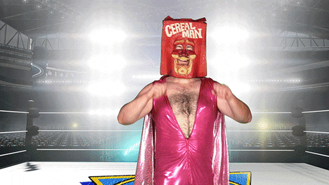Cereal Man wrestling crying in the ring