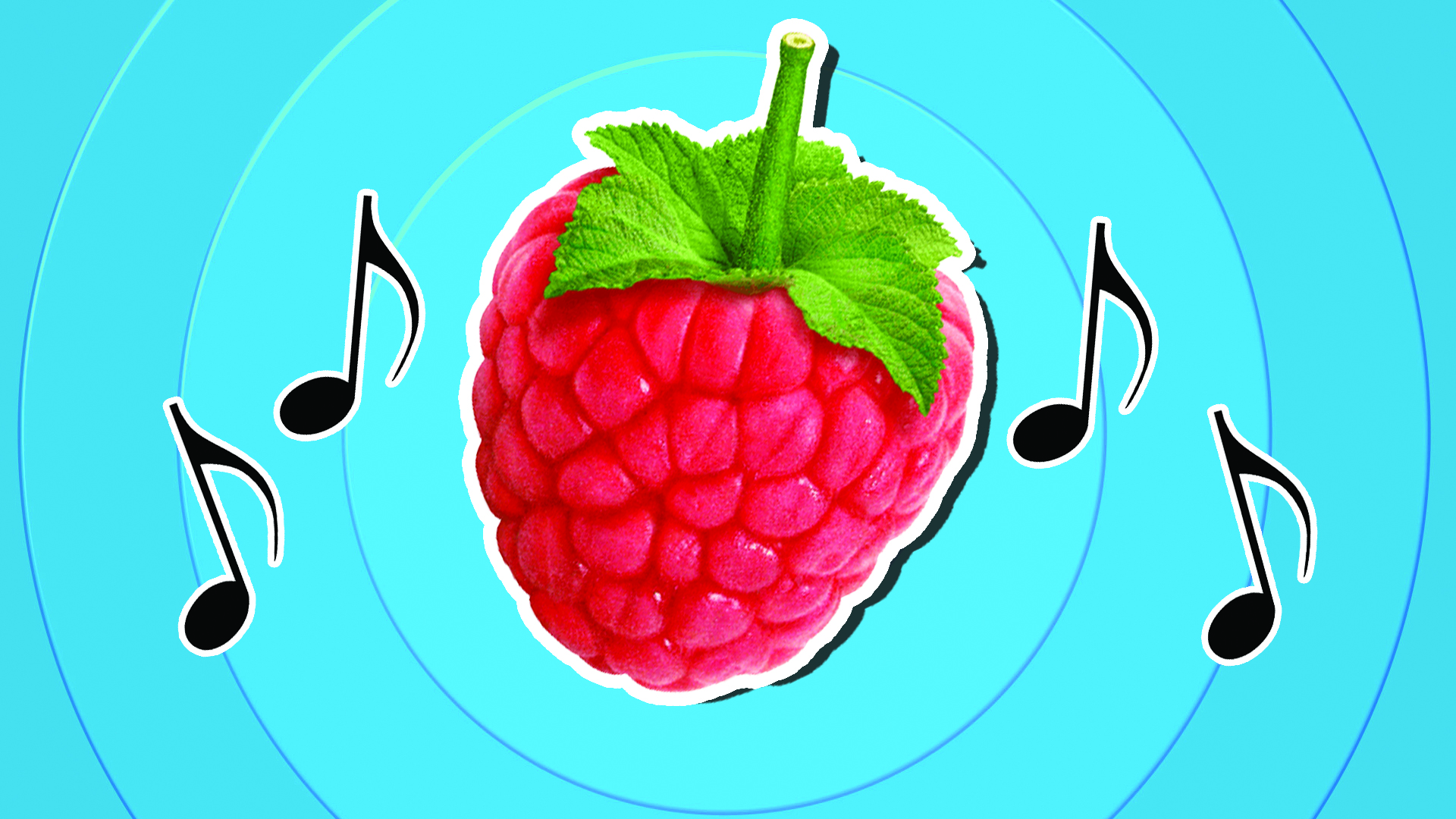 A raspberry surrounded by musical notes