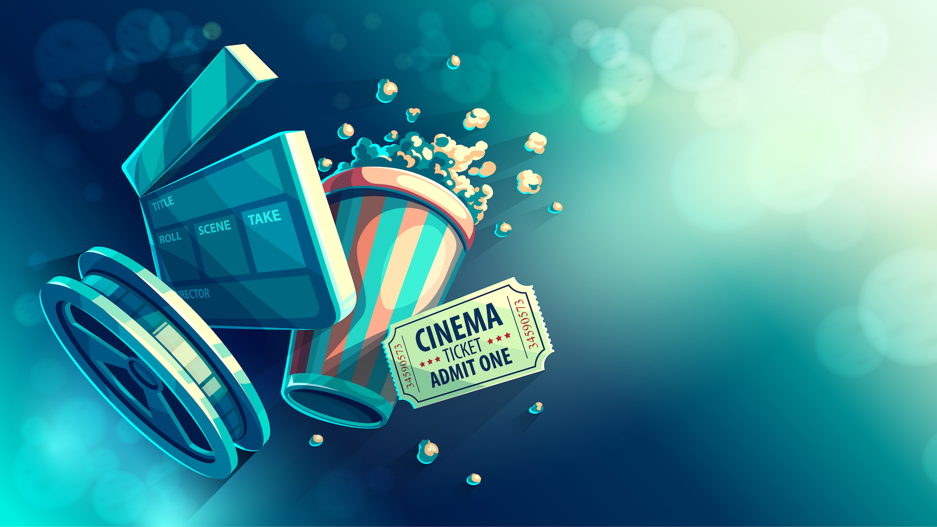 Cinema clapperboard, popcorn 