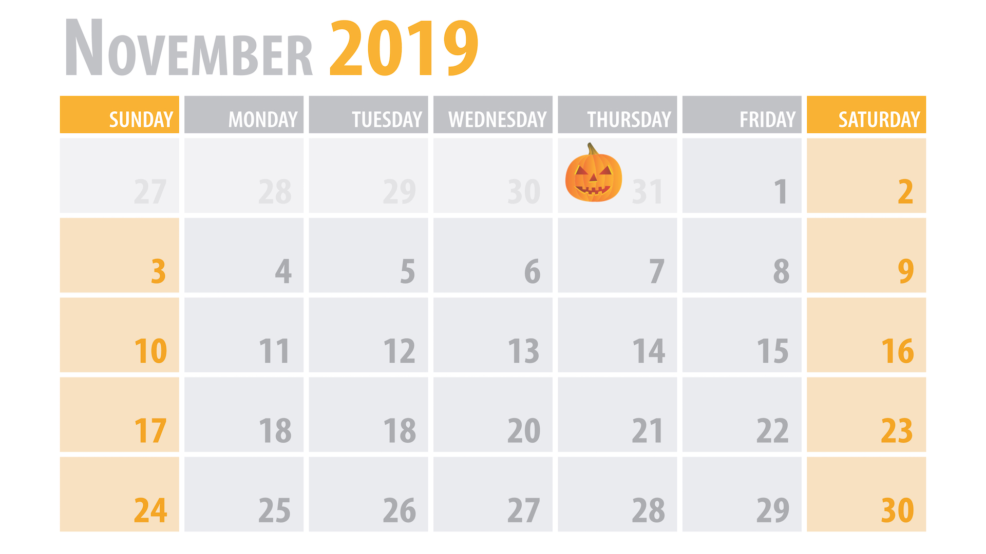 November 2019 calendar page