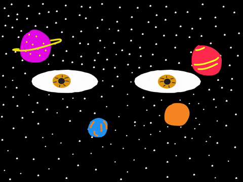 Planets revolving around a pair of cartoon eyes 