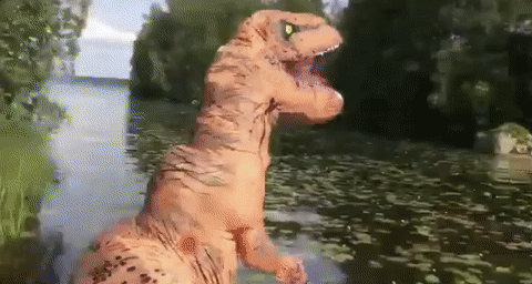 A dinosaur somersaulting into a canoe